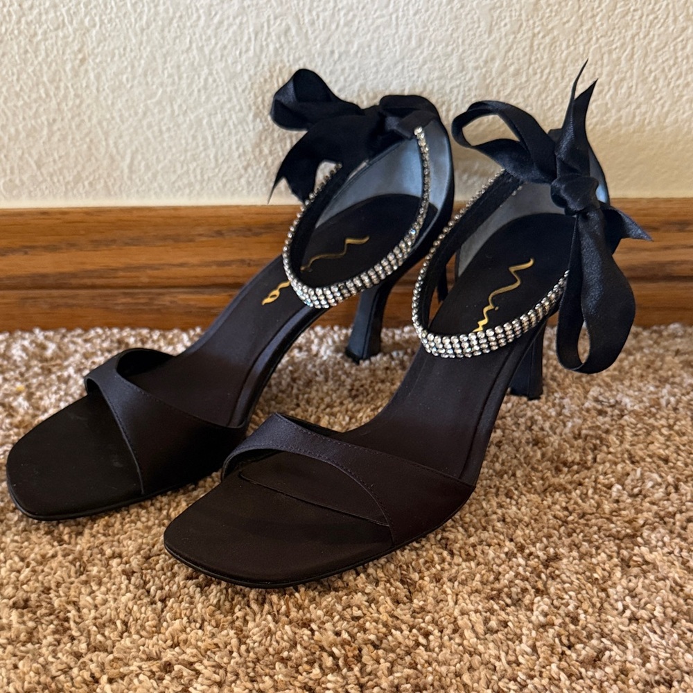 Nina Black Satin Open-Toe Heels with Crystal Ankle Strap and Ribbon Tie